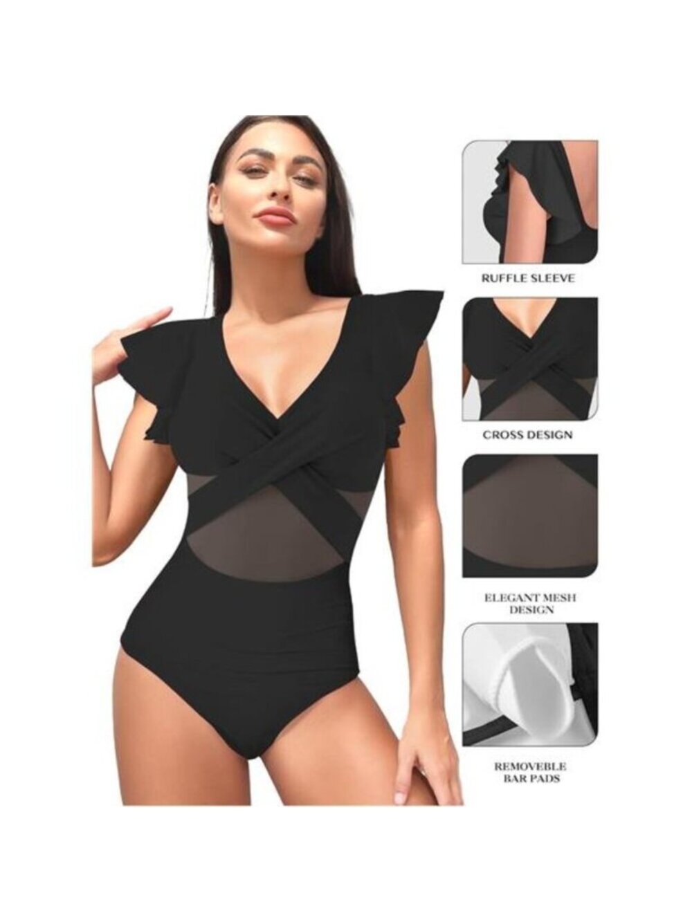 Women's One Piece Swimsuits Tummy Control Ruffle Sleeve Mesh Swimsuit - Picture 7 of 7